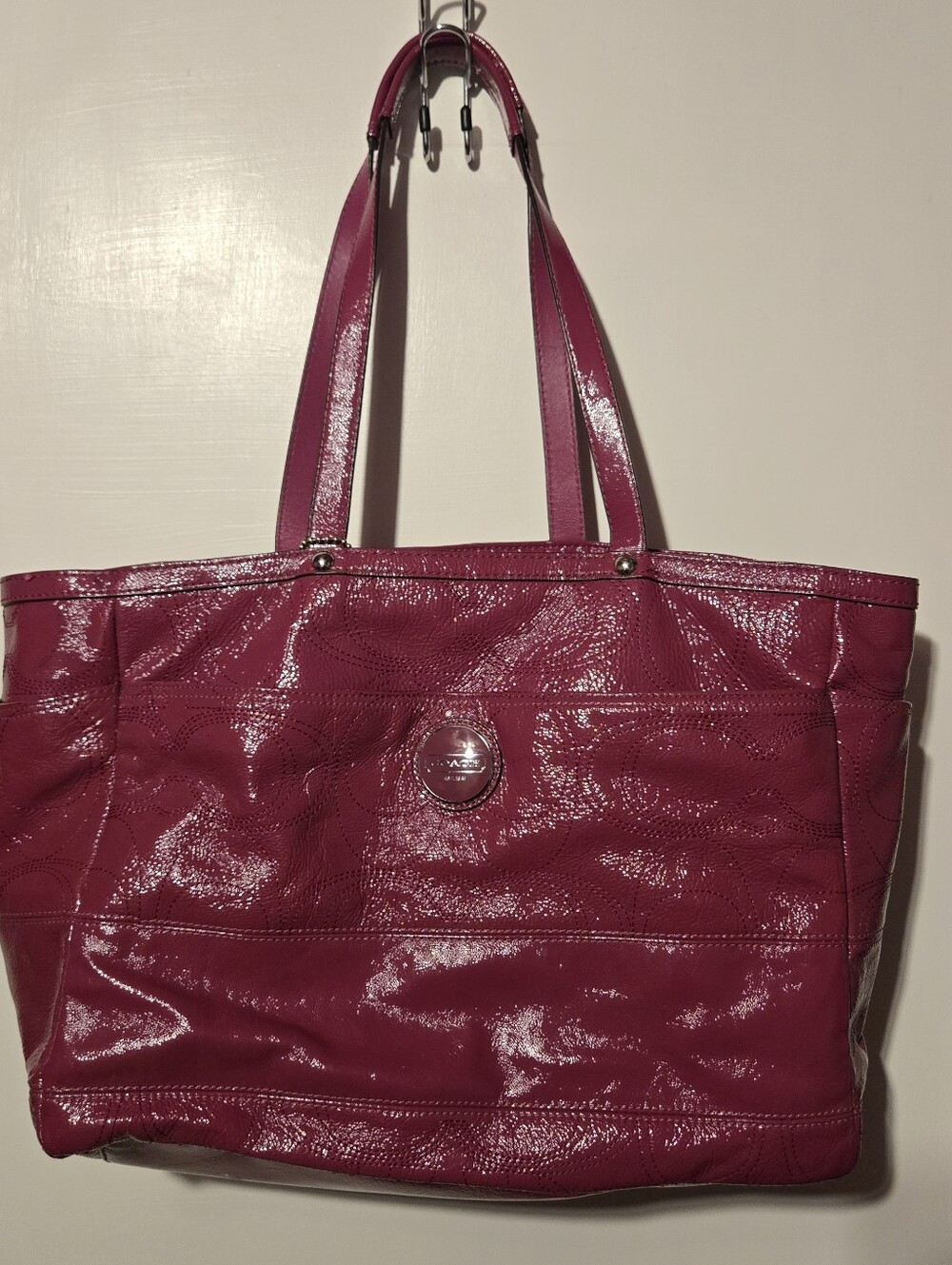 Coach- Signature Fuchsia Pink XL Shoulder Diaper Bag Tote Patent Leather